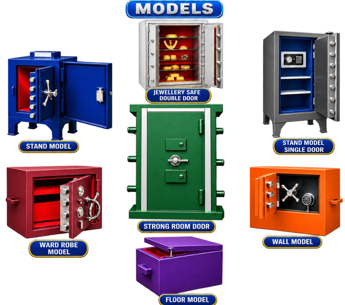 Custom Hitech safety locker models: stand, jewellery double-door, strong room, wardrobe, wall and floor lockers