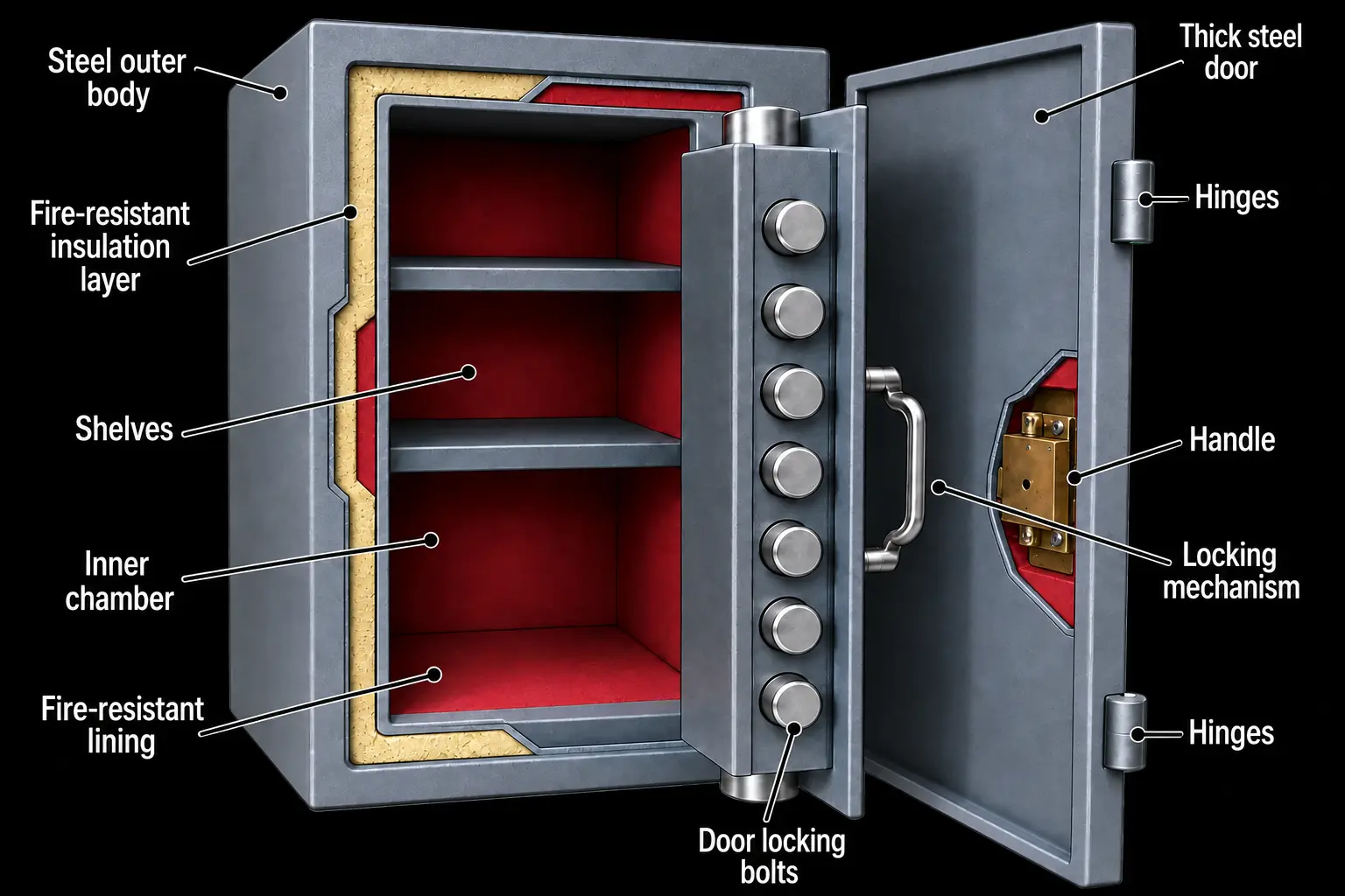 Cutaway safety locker showing steel outer body, fire-resistant insulation and lining, shelves, inner chamber, thick steel door, hinges, handle, locking mechanism and door locking bolts